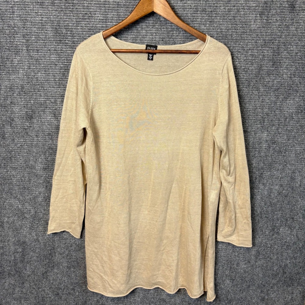 Eileen Fisher Linen Blend Tunic Top Womens Large Beige 3/4 Sleeve Lightweight